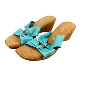 Italian Shoemakers Sandals Womens 8 M Aqua Teal Blue Bow Wedge Slides Shoes